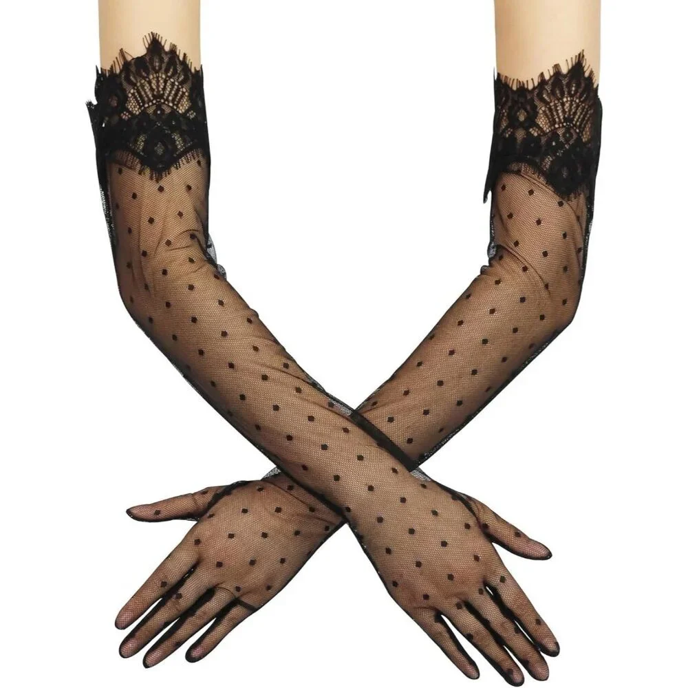 Women's Black Evening Long Lace Gothic Gloves Bridal Party Prom Costume
